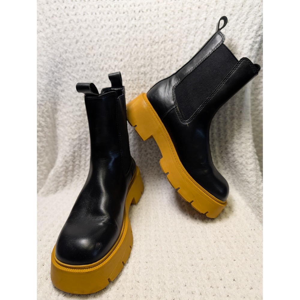 MNG Black Leather Chelsea Boots Mustard Yellow Lug‎ Platform Sole Women's 36 6
